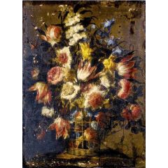 Still Life of Flowers in a Wicker Basket Painting Reproduction