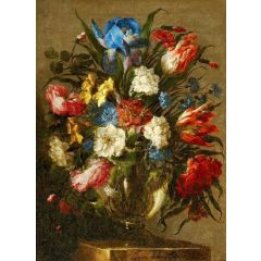 Still Life of Tulips, Roses, Peonies, Iris and other Flowers in a Glass Vase Painting Reproduction