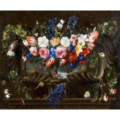Garland of flowers in a cartouche with a landscape behind Painting Reproduction
