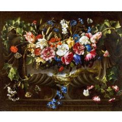 Garland of flowers in a cartouche with a landscape behind Painting Reproduction