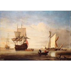 A Calm: An English Three-Decker Drying Sails with Two Galliots near Her Painting Reproduction