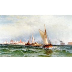 Steamships and Sailing Boats in New York Harbor Painting Reproduction