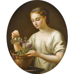 A Young Woman, Watering a Pot of Flowers Painting Reproduction