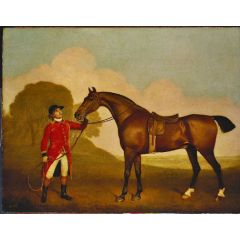 A Bay Horse with a Groom Painting Reproduction