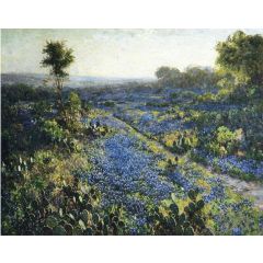 Field of Texas Bluebonnets and Prickly Pear Cacti Painting Reproduction
