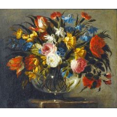 Still Life with White Zinnia, Lavender, Pink and Red Peonnies, etc. Painting Reproduction