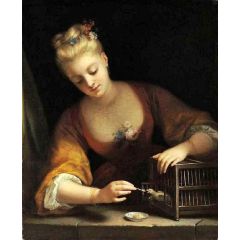 Young Girl Feeding Birds Painting Reproduction