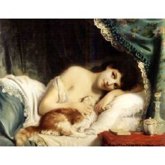 A Reclining Beauty With Cat Painting Reproduction