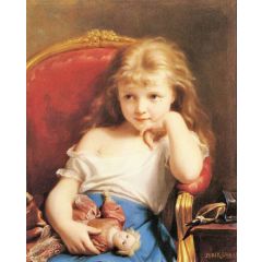 Young Girl Holding a Doll Painting Reproduction