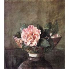 Camellia in Old Chinese Vase on Black Lacquer Table Painting Reproduction