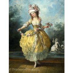 A Young Lady in a Garden, Holding a Garland of Flowers Painting Reproduction