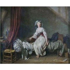 Girl with a Birdcage Seated on a Bed Painting Reproduction