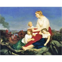 Woman and Children, with Indian Massacre in the Background, also known as Taken Captive by the Indians Painting Reproduction