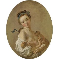 Young Girl Holding Two Puppies Painting Reproduction