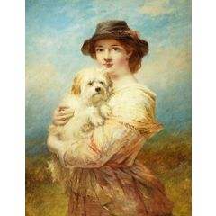 A Young Lady with a Dog Painting Reproduction