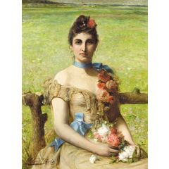 Portrait of a woman holding flowers Painting Reproduction