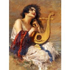 Girl with Lyre Painting Reproduction