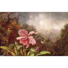 Two Hummingbirds by an Orchid Painting Reproduction