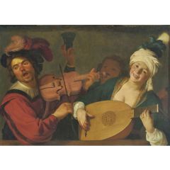 A Merry Group Behind a Balustrade with a Violion and a Lute Player Painting Reproduction