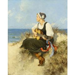 Young Girl with Guitar on the Beach Painting Reproduction