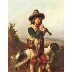 Shepherd With Dog Playing Flute Painting Reproduction