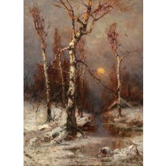 Sunset in a Winter Forest Painting Reproduction