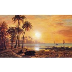 Tropical Landscape with Fishing Boats in Bay Painting Reproduction