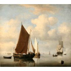 A Calm Sea with two Fishing Boats and a Man-of-War Firing a Salute Beyond Painting Reproduction