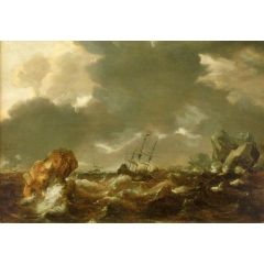 A Dutch Mercant Ship Running between Rocks in Rough Weather Painting Reproduction