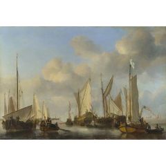 A Dutch Yacht Surrounded by Many Small Vessels, Saluting as Two Barges pull alongside Painting Reproduction