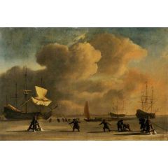 A Frozen Waterway with Three Ice-Bound Ships Painting Reproduction