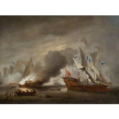 A Row Galley on Fire Painting Reproduction