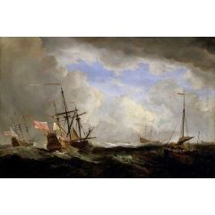 An English Ship and a Hoeker at Sea in a Gale with Other Ships Painting Reproduction
