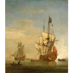 An English Sixth-Rate Ship Firing a Salute as a Barge Leaves Painting Reproduction