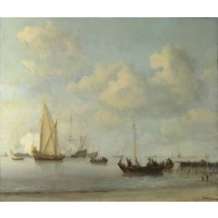 Boats Pulling out to a Yacht in a Calm Painting Reproduction