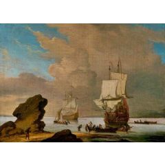 Seascape: Ships and Boats in a Calm off a Rocky Shore Painting Reproduction
