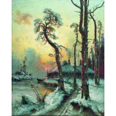 Winter Landscape with River and Houses Painting Reproduction