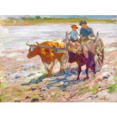 Man and Child on an Ox Cart Painting Reproduction