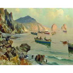 Boats in a Rocky Cove Painting Reproduction