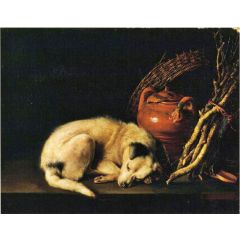 A Sleeping Dog Beside a Terracotta Jug, a Basket, and a Pile of Kindling Wood Painting Reproduction