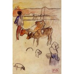 Bretons and Cows, sketch Painting Reproduction
