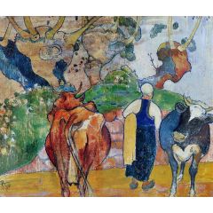 Peasant Woman and Cows in a Landscape Painting Reproduction