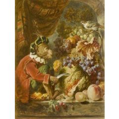 Still Life with Monkey, Sparrow and Fruit Painting Reproduction