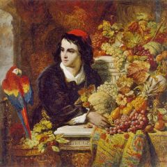 Still Life of Fruits with the Figure of a Young Man Painting Reproduction