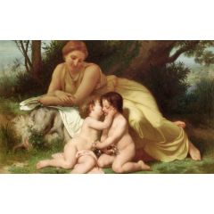 Young Woman Contemplating Two Embracing Children Painting Reproduction
