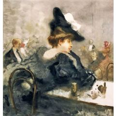An Elegant Lady in Black in a Cafe Painting Reproduction