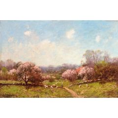 Landscape with Apple Blossoms, Figure and Sheep Painting Reproduction