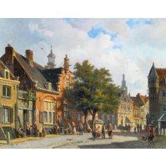 Figures in the Sunlit Streets of a Dutch Town Painting Reproduction
