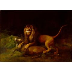 A Lion Attacking a Stag Painting Reproduction