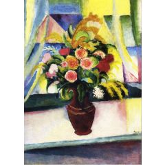 Still life: colourful bunch of flowers in front of a window, also known as Stilleben: Bunter blumenstrauss vor dem fenster Painting Reproduction